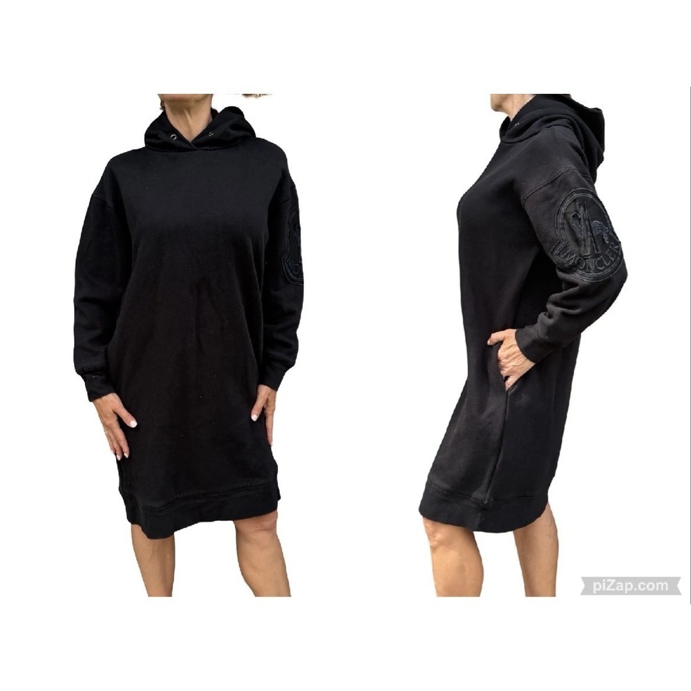 Moncler Women's Small Black Logo Embroidered Long Sleeve Hoodie Dress $760